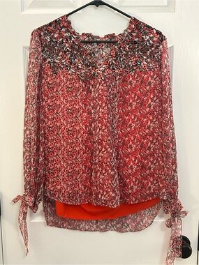 Elie Tahari Floral Sheer Blouse Red Black Floral Tie Cuff Size M